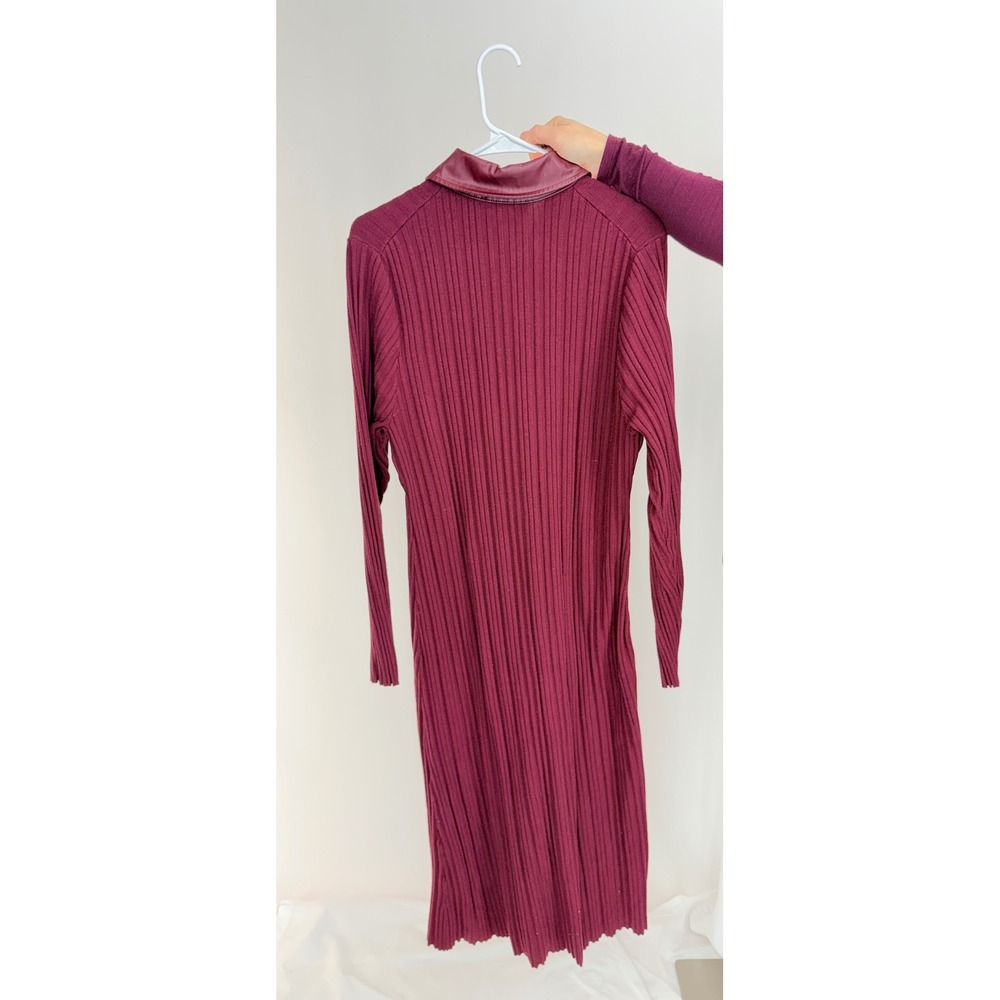TOCIN x QTD Ribbed Button Front Midi Dress Burgundy Faux Leather Collar Size XXL - Picture 8 of 8
